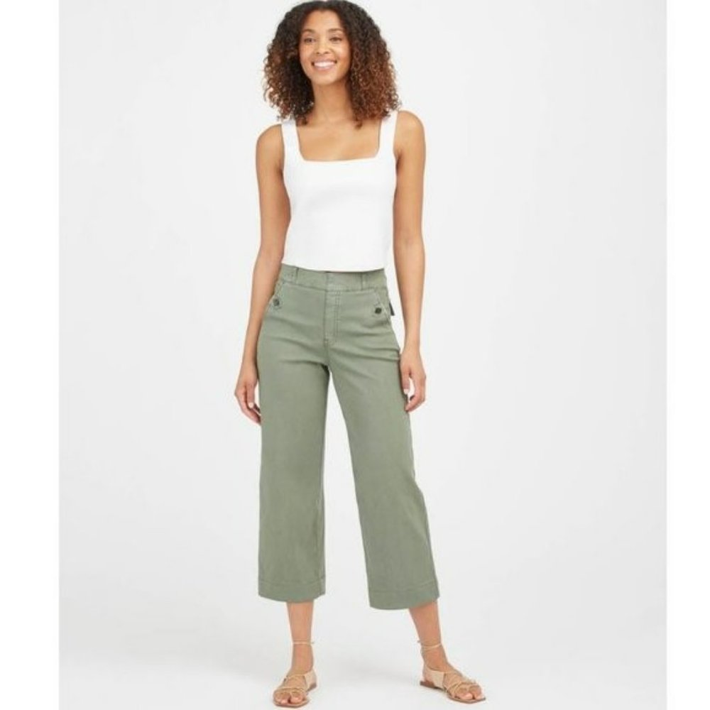 Spanx Stretch Twill Cropped Wide Leg Pant Sz Large green